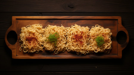 a set of long noodles is beautifully presented on a wooden platter, accompanied by a flavorful sauce and an array of seasonings. the photo showcases a captivating composition with multilayered textures, reminiscent of the styles of canaletto and sou fujimoto. captured with a wide-angle lens, the image features a striking contrast between light yellow and light maroon hues. intricate foliage adds an extra touch ofの素材