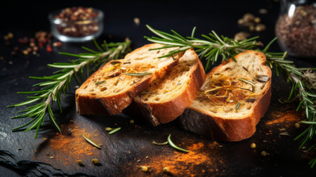a slice of bread with a medley of spices and herbs adorning its surface. this high-resolution, uhd image by marcin sobas showcases a dark black and orange color scheme, evoking a mediterranean-inspired aesthetic. the luxurious textures of the bread and the vibrant colors make this photo a visually captivating feast for the eyes. ai generatedの素材