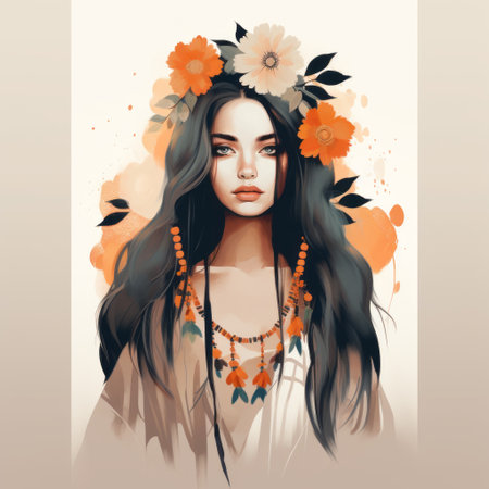 a girl adorned with a floral crown, showcasing warm colors in a speedpainting style. the image captures an idealized representation of native americans, with a blend of dark white and light orange tones. the editorial illustration evokes a brooding mood, while the loose and fluid brushstrokes add a sense of movement. ai generatedの素材
