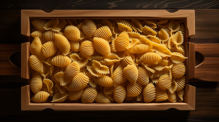 fresh pasta in vibrant red and green hues is beautifully arranged on a wooden tray, creating an enticing display. the tray is placed on a sleek black table, offering a captivating top-down view. the dark yellow and light beige tones add a touch of elegance to the composition. captured with a high-resolution 32k uhd camera, the image showcases the intricate details of the carved surfaces.の素材