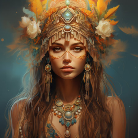 an indian woman adorned with a vibrant headdress and surrounded by various artworks, showcasing the artistic styles of cyril rolando and sergey musin. the color palette features shades of yellow and amber, creating a warm and inviting atmosphere. this 32k uhd photograph captures the intricate character design inspired by the works of daniel f gerhartz, while also incorporating tropical symbolism. ai generatedの素材
