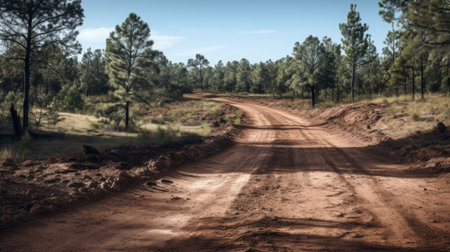 a photo of a dusty dirt road in the forest in brazil, captured with the sony fe 35mm f/1.4 za lens. the image showcases the serene beauty of the forest, with its vibrant colors and natural surroundings. the photo is taken in the style of american tonalist, featuring a mix of light maroon and dark cyan tones. the engineering construction and design elements add aの素材
