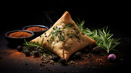 a triangular fried dish, adorned with a blend of aromatic herbs and spices, is captured in a captivating photograph. the dark black and beige color scheme, achieved through the use of a hasselblad h6d-400c camera, adds an element of sophistication. this matte photo, taken by igor kieryluk, showcases a soft realism that beautifully wraps the subject. a high-quality image that truly captivates. ai generatedの素材