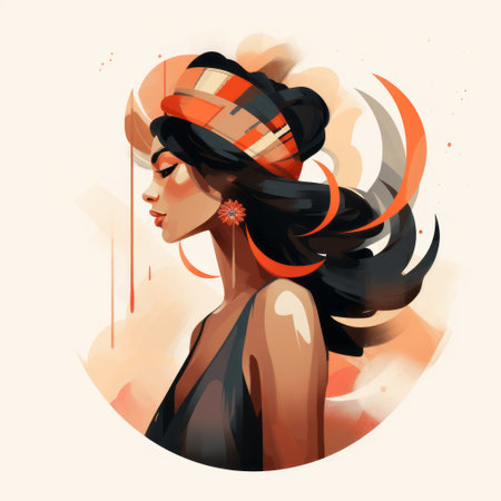 a woman with long hair wearing a black hat with orange stripes is depicted in this speedpainting-style illustration. the artwork showcases a charming character with an indonesian art influence, featuring warm color palettes. this contest-winning piece is bold yet graceful, with an orient-inspired aesthetic. ai generatedの素材