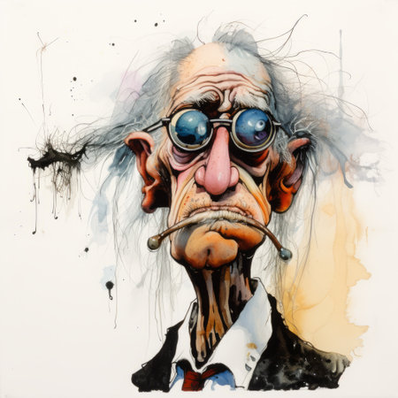 an intriguing watercolor painting featuring an old man donning sunglasses and glasses. this artwork showcases elements of filthy sculptures, twisted characters, and detailed perfection. the artist's unique style incorporates caricature faces, swirling vortexes, and monumental ink paintings, resulting in captivating character caricatures. ai generatedの素材