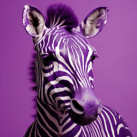 a purple zebra stands gracefully beside a vibrant purple backdrop, creating a visually striking photo. this photo showcases the unique style of photo-realistic compositions, with its distinctive noses and explosive pigmentation. the use of focus stacking enhances the zebra's details, while the monochromatic composition adds a touch of artistic flair. this captivating image is sure to catch the eye of photography enthusiasts on platforms likeの素材