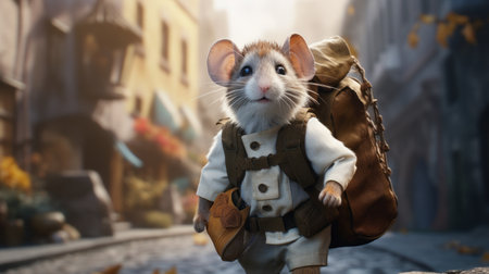 a rat with luggage strolls through the city streets, reminiscent of animated film pioneer style. the hyper-realistic representation showcases the rat's white and brown fur. the image captures a frostpunk atmosphere, while the use of a minolta riva mini camera adds a vintage touch. the youthful protagonist is adorned in a detailed costume, adding to the overall charm of the scene. ai generatedの素材