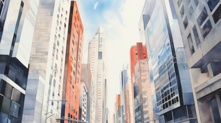 a hyperrealistic watercolor painting capturing the essence of a bustling city street. the artwork showcases the sharp perspective angles and minimalist style of the illustrator, with a light sky-blue and orange color palette. the subject matter is inspired by the vibrant streets of new york city, where the metropolis seamlessly blends with elements of nature. ai generatedの素材
