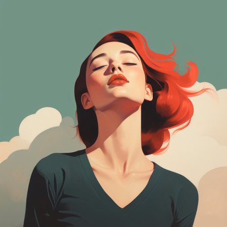 a stylized artwork of a woman with red hair, showcasing a retro-style, low-angle portrait. the realistic blue skies background adds a dreamlike touch to the illustration. the simplified and stylized features of the woman's face create a unique artistic appeal. the dark green and red color scheme enhances the overall aesthetic of this realistic portrait. ai generatedの素材