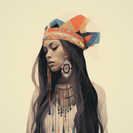 an indian woman with flowing hair is depicted in a dreamlike illustration, showcasing highly detailed realism and moody colors. the artwork explores hip-hop culture, blending mexican and american influences. the image is characterized by a combination of light orange and cyan tones, creating a visually captivating and culturally diverse composition with muted colors. ai generatedの素材