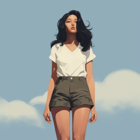 a girl stands on top of clouds, gazing downward. this realistic portrait, inspired by chicano art, showcases detailed character design with a subdued palette. the low-angle perspective adds depth to the composition, capturing the essence of normcore style. ai generatedの素材