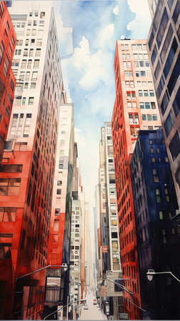 large high rise buildings line the road in this stunning photo, reminiscent of precise and detailed architecture paintings. the buildings are painted in light red and light cyan, creating a vibrant and bold new york cityscape. the frontal perspective and light-filled compositions give the image a hyperrealistic feel, transporting viewers into these breathtaking and meticulously crafted environments. ai generatedの素材