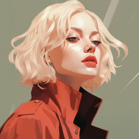 a painting of a girl wearing a red jacket, created using digital art techniques. the artwork features crisp and clean lines, giving it a polished and professional look. the style of the painting can be described as "barbiecore," with a vibrant color palette of amber, light orange, and dark green. this piece is reminiscent of editorial illustrations. ai generatedの素材
