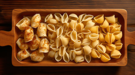 a photo of a wooden tray filled with penne pasta mixed with cheese and garlic. the composition is dense, with a textured surface in shades of beige and amber. the tactile surfaces invite touch, while the symmetry and repetition of curvilinear shapes add visual interest. ai generatedの素材