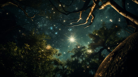 night sky with stars shining through the trees, creating a mesmerizing scene reminiscent of unreal engine. the dark green and light gold hues add an otherworldly touch, evoking a lovecraftian atmosphere. the atmospheric installations in this uhd image are intricately detailed, capturing the essence of fairytale-inspired landscapes. ai generatedの素材