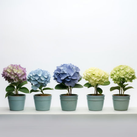 five potted plants, including flowers in light sky-blue and light violet hues, are beautifully arranged on a shelf against a white background. captured with a tokina opera 50mm f/1.4 ff lens, this photograph by doug hyde showcases the vibrant colors of the plants. the composition follows a traditional color scheme, featuring accents of light navy and light green. ai generatedの素材