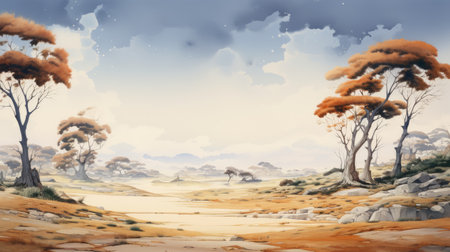 a desert landscape captured by sharon osborne, showcasing her digital illustration skills. this dreamy watercolor scene, influenced by manga, is rendered using cryengine technology. the artwork, with dimensions of 3840x2160, features a captivating blend of light orange and silver tones. it exudes an adventurous theme, inviting viewers to immerse themselves in its enchanting beauty. ai generatedの素材