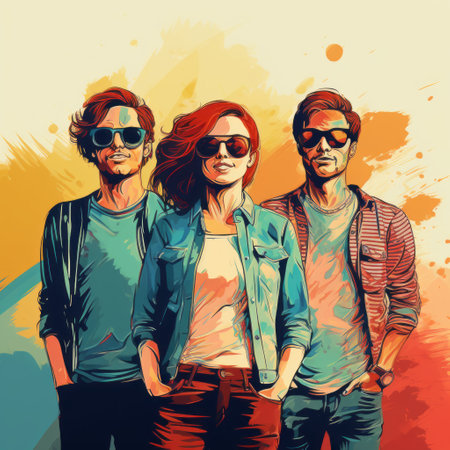 a photo of music and fun vectors with vintage design and retro art. this painting art image is free for download and showcases layered portraits in a pop-inspired realism style. the fluid color combinations create a mashup of styles, while the youthful protagonists are depicted in dark amber and sky-blue tones. the overall effect is reminiscent of a pencil sketch. ai generatedの素材