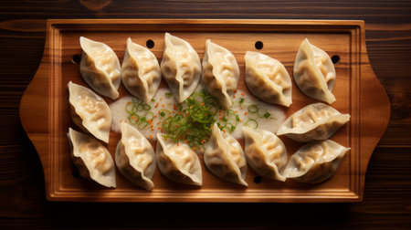 a chinese food cart showcasing a symmetrical arrangement of dumplings on a rustic wooden board. the wavy resin sheets add a unique touch to the low-resolution, raw and unpolished aesthetic. the softly luminous lighting enhances the richly layered and exotic appeal of the scene. ai generatedの素材