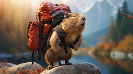 a rabbit with a backpack gazes over the water, showcasing a realistic hyper-detailed rendering. the photo captures a vignetting effect, reminiscent of national geographic's style. the rabbit's detailed costume complements the mountainous vistas in the background. shot with a konica big mini camera, the image features a captivating combination of light brown and orange tones. ai generatedの素材