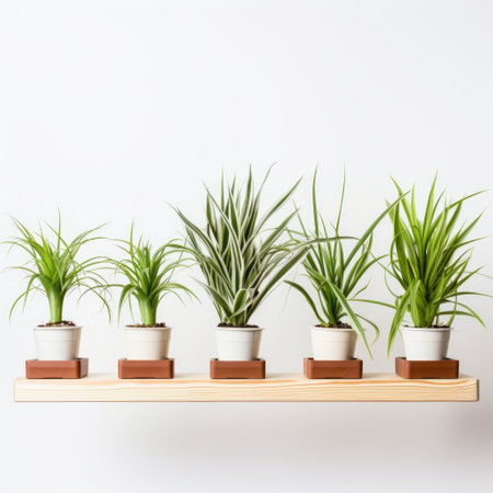 five air plants are showcased on a shelf, each in its own unique pot. the photo features a minimal retouching style, with an emphasis on orderly symmetry. the precisionist style highlights the striped patterns on the pots, reminiscent of the work of hale woodruff. the wood shelf and highly detailed foliage of the plants add to the overall aesthetic appeal. ai generatedの素材