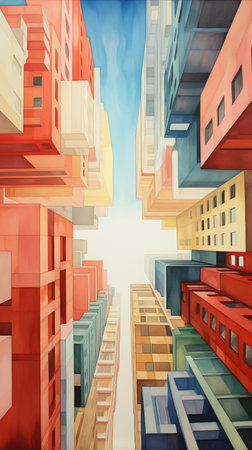a vibrant watercolor cityscape painting featuring brick buildings in a colorful futurism style. the artwork showcases optical illusion elements with soft and dreamy depictions, sharp perspective angles, and a captivating blend of red and cyan hues. the composition also incorporates colorful installations and soft gradients, creating a visually striking and immersive experience. ai generatedの素材