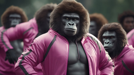 a close-up image of a gorilla emo advertisement, inspired by the style of sacha goldberger. the gorilla is depicted in vibrant shades of pink and magenta, reflecting the rangercore aesthetic. created using daz3d software by eddie jones, this pop-culture-infused artwork captures attention. ai generatedの素材