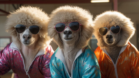 three asian dogs wearing sunglasses pose for a photo, inspired by the iconic style of sacha goldberger. this poodlepunk-themed image was captured using high-speed film, specifically cinestill 50d. the concept draws inspiration from lady gaga and features selective focus, reminiscent of the artistic style of tom of finland. ai generatedの素材