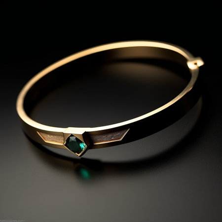 the cuff features a stunning emerald stone, beautifully rendered in cinema4d and maya. with the use of the tokina opera 50mm f14 ff and petzval 85mm f22 lenses, the image showcases a sleek and stylized design. enhanced digitally, the cuff is highlighted with a captivating rim light. ai generatedの素材