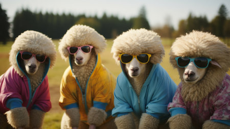 four sheep wearing sunglasses stand out in a field, showcasing their poodlepunk style. this movie still captures candid moments of these bright and colorful creatures. the close-up shot highlights their vibrant costumes, making this 8k image a visual treat. ai generatedの素材