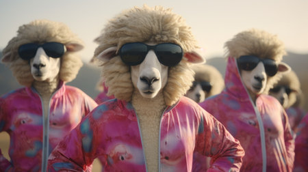 a group of sheep wearing fashionable sweaters and sunglasses, reminiscent of analog video effects and iconic pop culture references. the image captures the essence of cinematic stills, kombuchapunk, and desertwave, with a touch of comical choreography. the sheep's shiny eyes add an extra element of charm to this quirky and visually captivating scene. ai generatedの素材