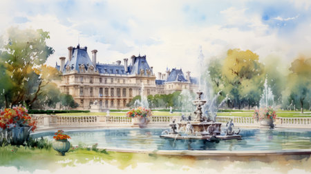 a watercolor painting capturing the beauty of a fountain in front of a castle, reminiscent of vignettes of paris. the artwork showcases layered translucency, creating photo-realistic landscapes on a panoramic scale. the intricate architectures and flat perspective add depth to the scene, resembling museum gallery dioramas. ai generatedの素材