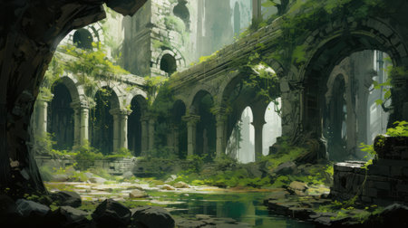 a fantasy desktop wallpaper featuring post-apocalyptic ruins with a broad palette knife technique, flat perspective, and elements of romanesque art. the vibrant green hues beautifully depict nature, while the monumental architecture adds a sense of grandeur to the scene. ai generatedの素材