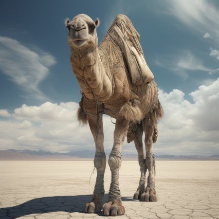a 3d rendering of a camel in the desert, inspired by the artistic style of matthias haker, david nordahl, and ephraim moses lilien. this artwork combines futurist claims with raw vulnerability, creating a strong emotional impact. the monochromatic depth adds to the overall aesthetic appeal. ai generatedの素材