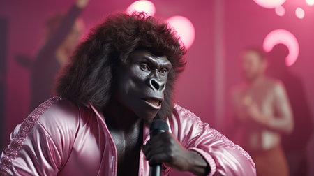 a gorilla, dressed in a stylish costume, holds a microphone while a group of people stand behind him. the image, captured by photographers mike campau and daniel jaems, features a close-up shot with a color scheme of dark pink and light pink. the unique aesthetic is enhanced by the use of ferrania p30 film, adding a touch of vintage charm. lucy glendinning's artistic vision shinesの素材