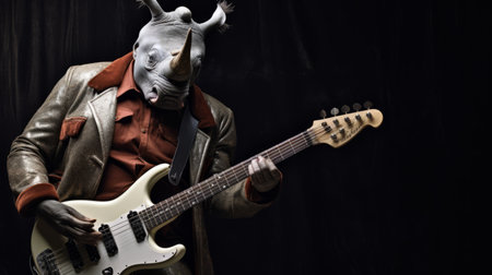 the rhinomania guitarist gracefully brushes aside the prickly horn, captured in a captivating sculpture-based photograph. this mesmerizing image showcases the fusion of ritualistic masks, gray and brown tones, hyperrealistic animal portraits, and elements of desertpunk, goblin academia, and funk art. ai generatedの素材