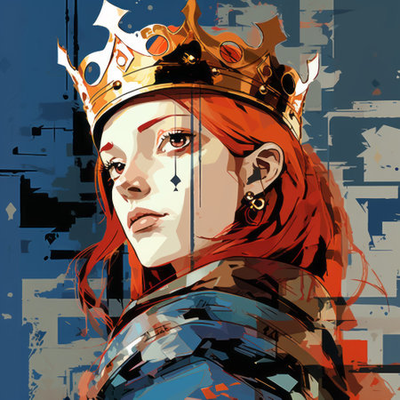 a woman with a crown tattoo is depicted in this art piece, inspired by 2d game art. the fragmented portraiture style combines dark azure and orange tones, creating a bold and cartoonish lithograph. the grandiose color schemes and xbox 360 graphics give it a digitally enhanced look. ai generatedの素材