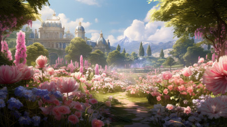 an animated garden scene featuring a vibrant display of purple and pink flowers. this matte painting style artwork is inspired by faith and showcases light-filled landscapes reminiscent of the florentine renaissance. the realistic blue skies provide a stunning backdrop for the light pink and light gold hues. created using unreal engine. ai generatedの素材
