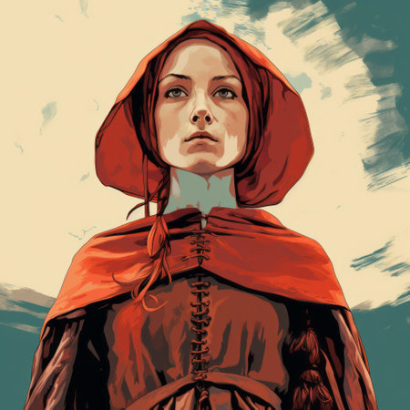 a red riding hooded woman, depicted in a realistic hyper-detailed portrait, showcases a graphic novel style with folk-inspired illustrations. the low-angle composition adds depth to the image, reminiscent of renaissance paintings. the overall aesthetic exudes a cartelcore vibe, enhanced by the traditional color scheme. ai generatedの素材