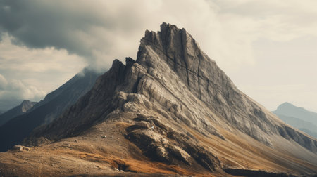 rock landscape in mountains under a blue sky, captured with a graflex speed graphic camera. the photo showcases a moody and evocative color palette, with shades of dark beige and light amber. reminiscent of whistlerian art, this national geographic photo is a high-definition image that beautifully captures the rugged beauty of the mountains. ai generatedの素材