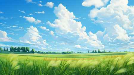 a stunning wallpaper featuring a whimsical anime-style depiction of a white sand field and clouds against a vibrant blue sky. the brushstroke fields add a touch of artistic flair, while the realistic and hyper-detailed renderings bring the rural life depictions to life. this beautiful commission showcases a harmonious blend of light green and red hues. ai generatedの素材