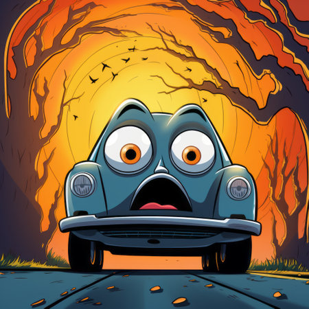 a cartoon car with emotive facial expressions drives towards a dark, hilly road. the illustration style is reminiscent of necronomicon illustrations, featuring light cyan and orange colors. the eye-catching caricature faces and humorous animal scenes add a touch of humor to the scene. this cartoon car is ready for some auto body works!, ai generatedの素材