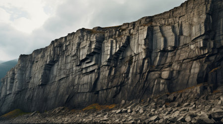a stunning nature landscape featuring rocks and a magnificent waterfall, captured in the unique style of creased, crinkled, and wrinkled textures. this close-up shot, reminiscent of the works of roger deakins, showcases the dark gray tones and intricate details. shot on 70mm film, this photograph beautifully combines elements of nature and architectural influence, reminiscent of the designs of denys lasdun. ai generatedの素材