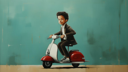 a young man, influenced by afro-caribbean culture, is depicted riding a scooter in this oil painting-style drawing. the artwork exudes childlike innocence with its playful caricature. the color palette consists of dark teal and light red, adding vibrancy to the image. this unique piece captures the essence of celebrity portraits, showcasing personality and created using a leica m6 camera. ai generatedの素材
