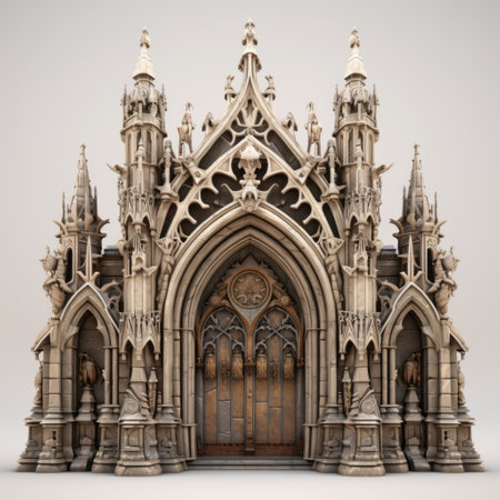 the photo showcases a stunning example of gothic architecture at the entrance. the realistic hyper-detailed rendering captures the intricate details of the dark white and bronze structure. with its distressed materials and intricate minimalism, this gothic pop surrealism piece is a visual treat. the 8k resolution allows for a truly immersive viewing experience of the detailed miniatures. ai generatedの素材