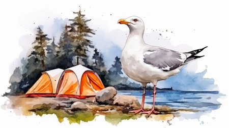 a watercolor seagull stands by a beach tent, surrounded by trees. this 8k resolution artwork captures the essence of 2d game art and bold graphic illustrations. the seagull's presence adds a touch of security camera art, while the overall style is reminiscent of whistlerian paintings. this uhd image is available under the creative commons attribution license. ai generatedの素材