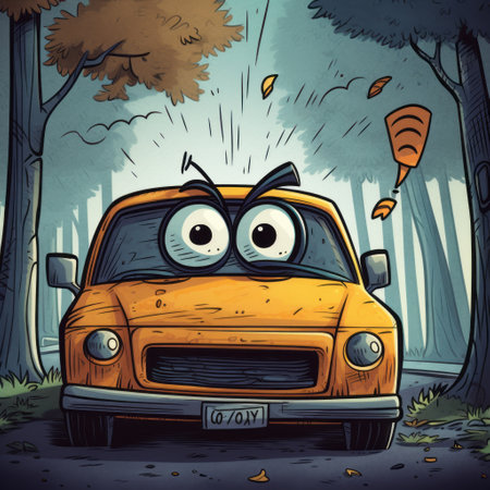 a cartoon car illustration with a satirical twist, featuring a wandering eye and shiny eyes, in a lurid and unsettling style. the artwork showcases a dark yellow and orange color scheme, with a forestpunk vibe and elements of wildlife art. this hdr image captures a unique and intriguing mood. ai generatedの素材