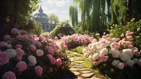 a field of blooming roses is captured in this hyper-detailed, realistic rendering. the vray tracing technique beautifully depicts the play of light on the white and pink petals. in the background, a fountain and gardens add to the serene ambiance. this artwork showcases the influence of the washington color school and the intricate beauty of detailed botanical illustrations. ai generatedの素材