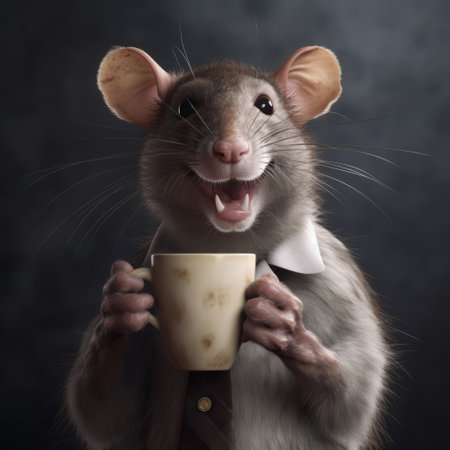a rat, inspired by celebrity portraits, holds a coffee cup with an energetic expression. this unique artwork combines elements of ray tracing, grey academia, and the styles of arthur sarnoff and bill gekas. the joyful and optimistic vibe of the rat adds a touch of personality to the composition. ai generatedの素材