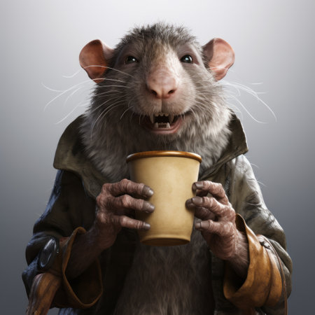 a rat, in the style of realistic fantasy, is captured huddling over a cup of water with its tongue out. this photorealistic portrait, reminiscent of animated film pioneers, showcases the charm of medieval times. the artist's innovative techniques, including quadratura, bring this captivating scene to life. ai generatedの素材